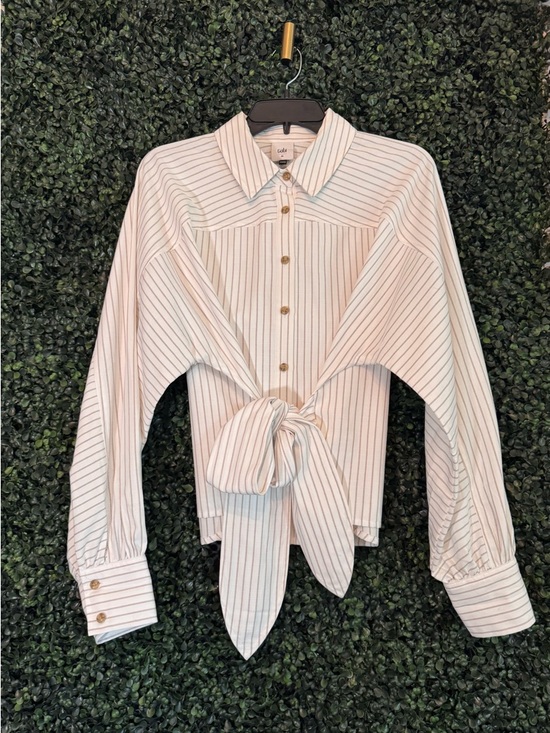 CAbi Tops - Cabi Tie-Front Striped Button-Up Shirt - White with Thin Taupe Stripes